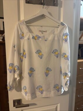 White Floral Square-Neck Blouse with Blue and Yellow Embroidery